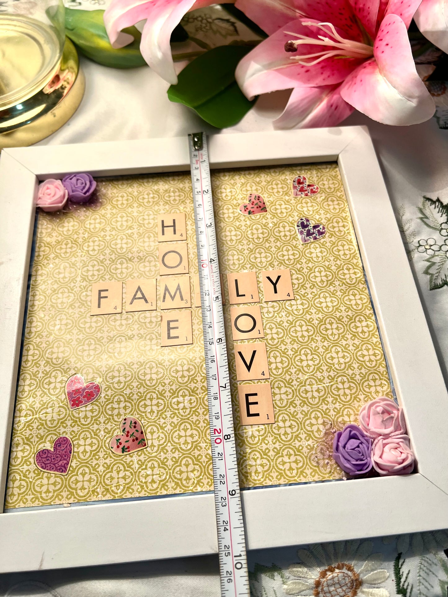 Home Family Love Scrabble-Style Floral Wall Art Frame 25cm
