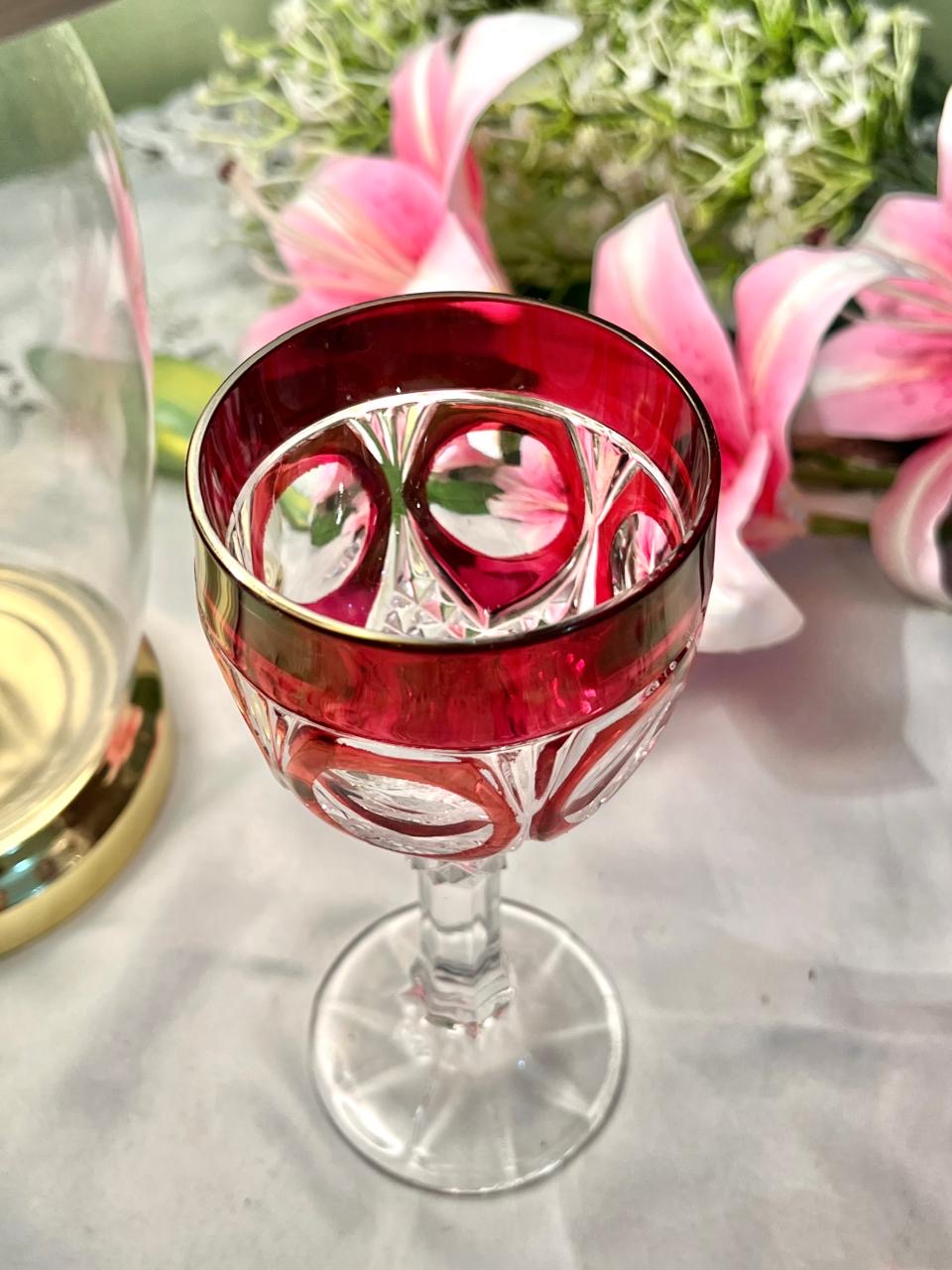 Vintage Ruby Red & Clear Cut Crystal Goblet 19cm