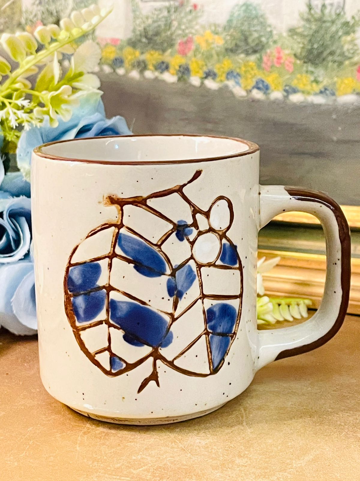 Vintage Korean Botanical Stoneware Mug Set of 4