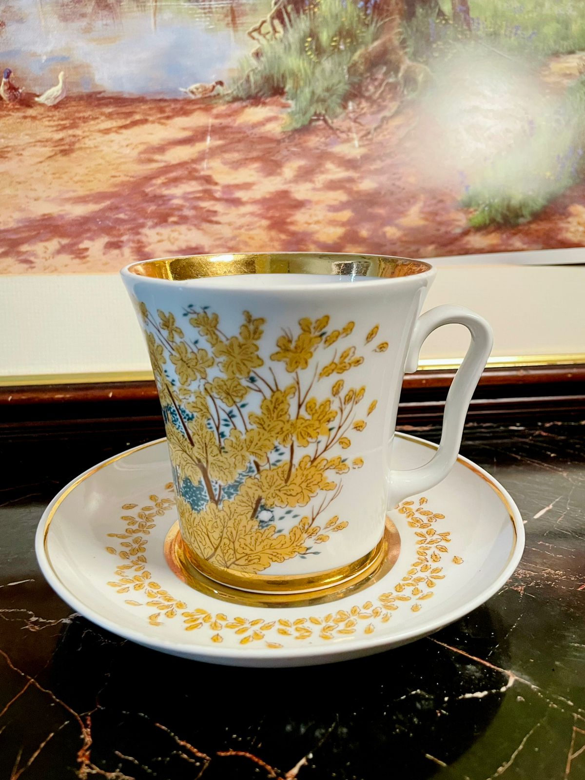 Vintage USSR Porcelain Tea Cup & Saucer – Golden Floral Design with Gilded Rim