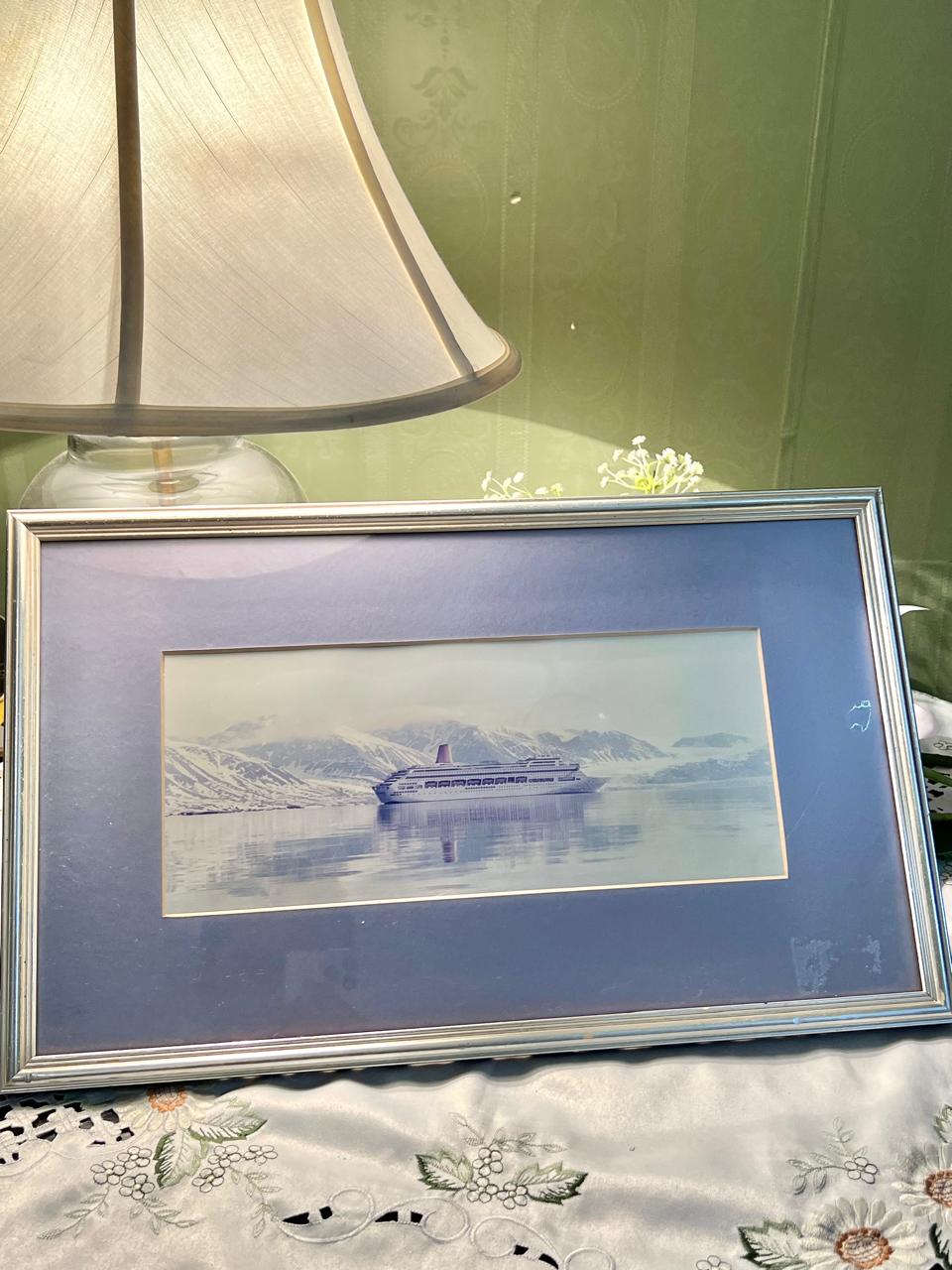 Framed Cruise Ship & Snowy Mountain Art Watercolor painting 18"