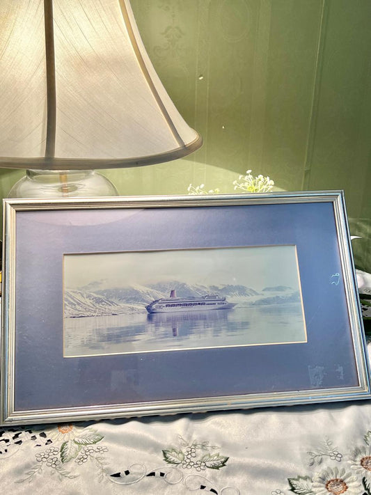 Framed Cruise Ship & Snowy Mountain Art Watercolor painting 18"