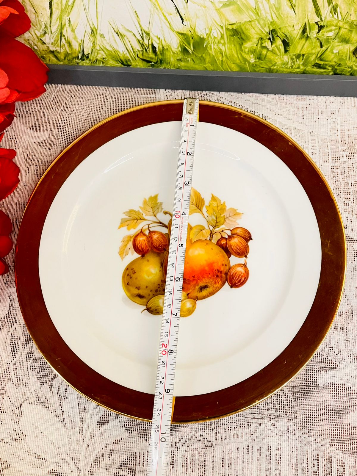 Vintage Fruit Plate with Brown Rim 10 Inch