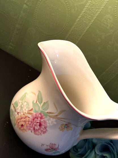 Vintage Floral Ceramic Pitcher Pink Rose Cottage Jug