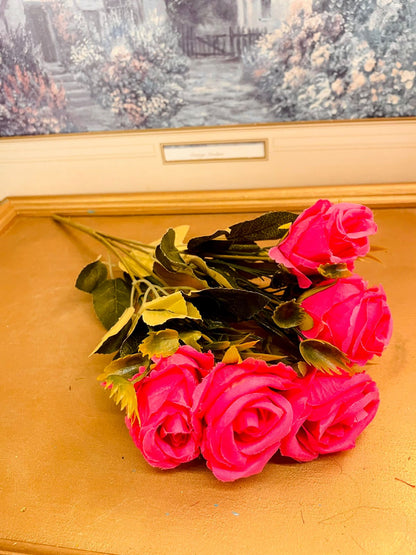 Vintage Hot Pink Faux Rose Bouquet 12.5"
