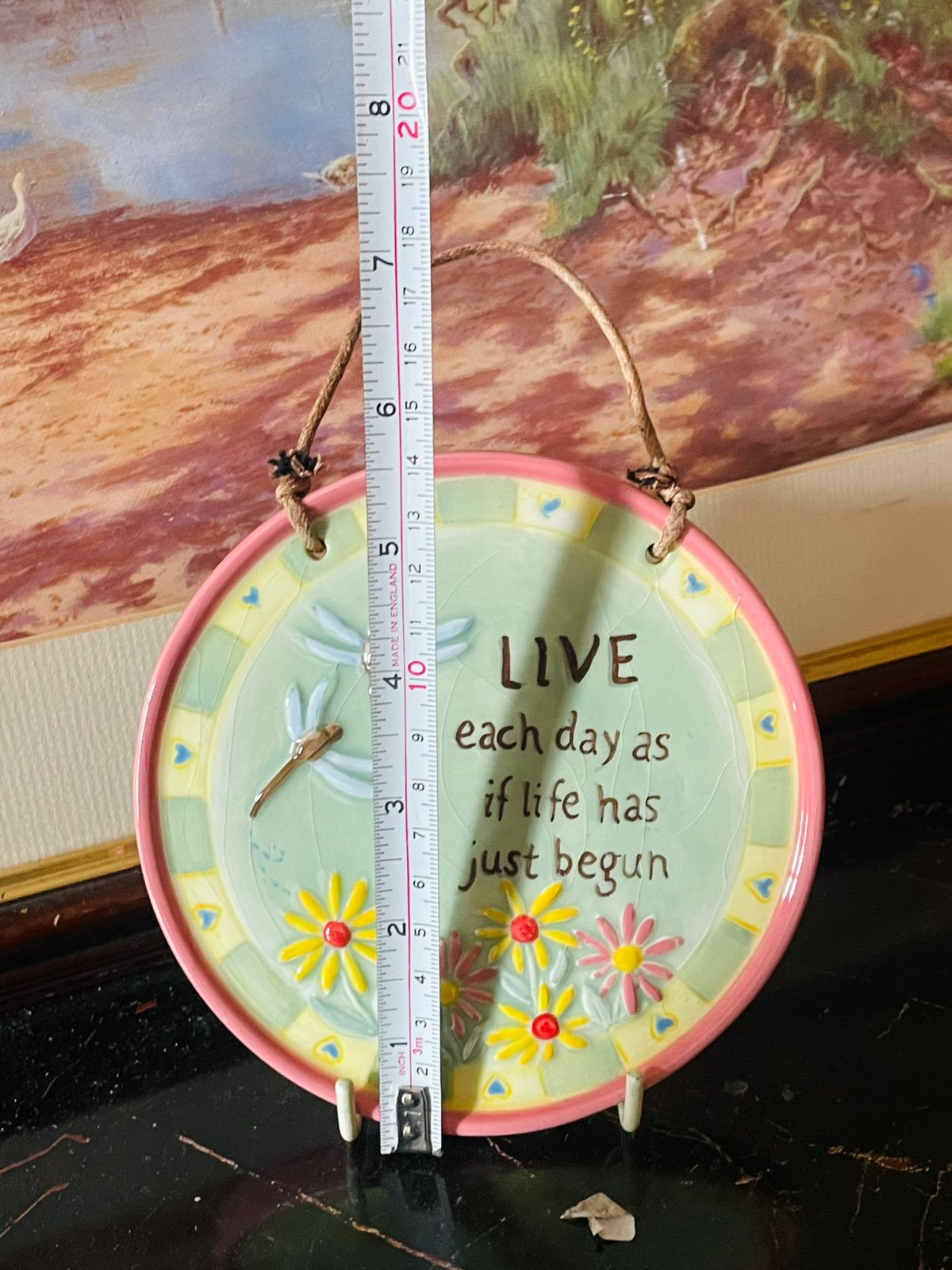 Ceramic Hanging Wall Plaque – “Live Each Day As If Life Has Just Begun” (Handcrafted Floral Design) Home Decor
