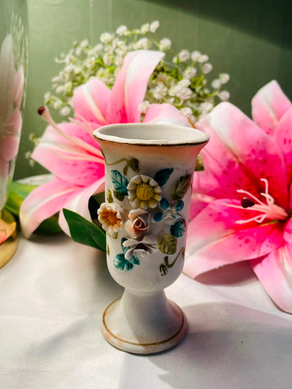 White Raised Floral Pedestal Vase Approx. 11 cm