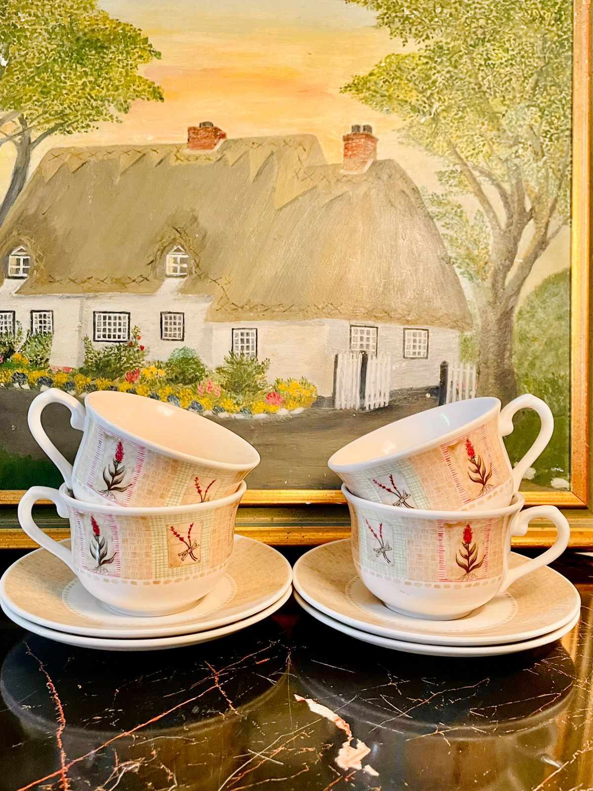 Set of 4 Ceramic Cottage Garden Cup & Saucer – Floral English Style Tea Set