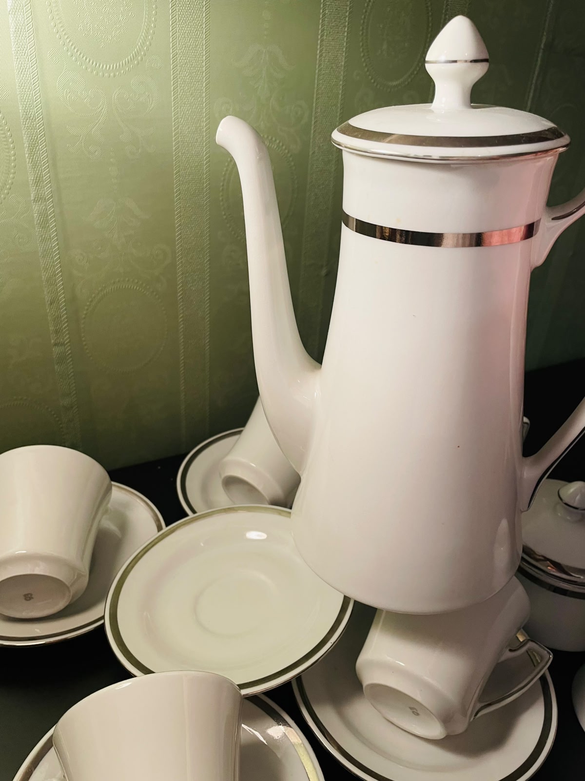 Vintage Wawrzyniec Poland Porcelain Tea Set with Silver Trim