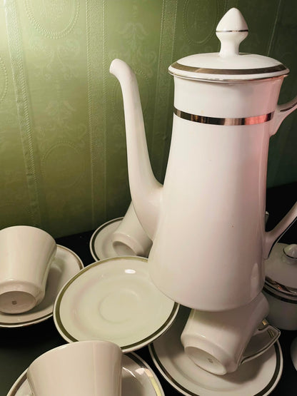 Vintage Wawrzyniec Poland Porcelain Tea Set with Silver Trim