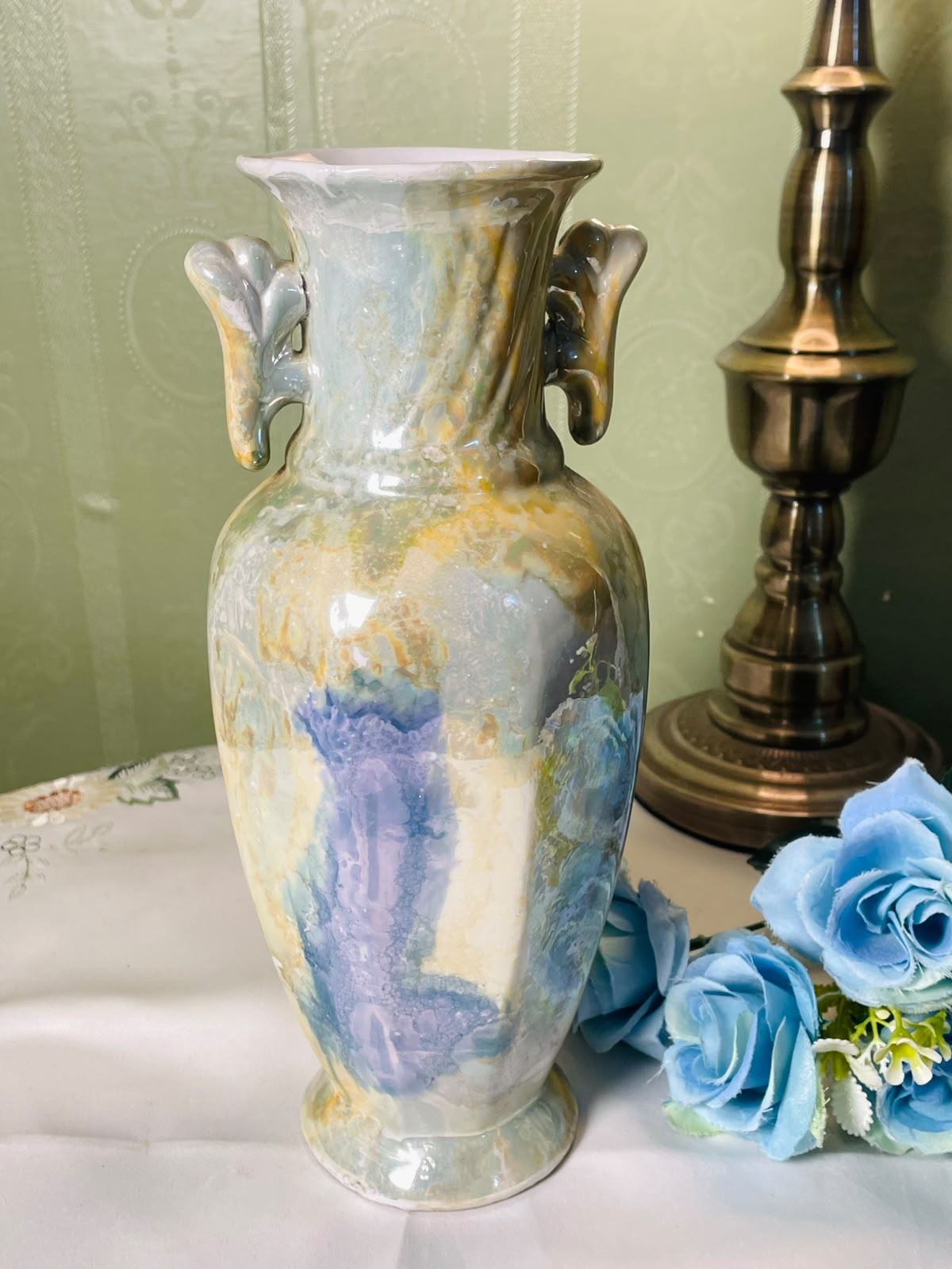 Vintage Pastel Floral Ceramic Vase with Applied Roses 25 cm