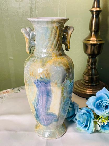 Vintage Pastel Floral Ceramic Vase with Applied Roses 25 cm