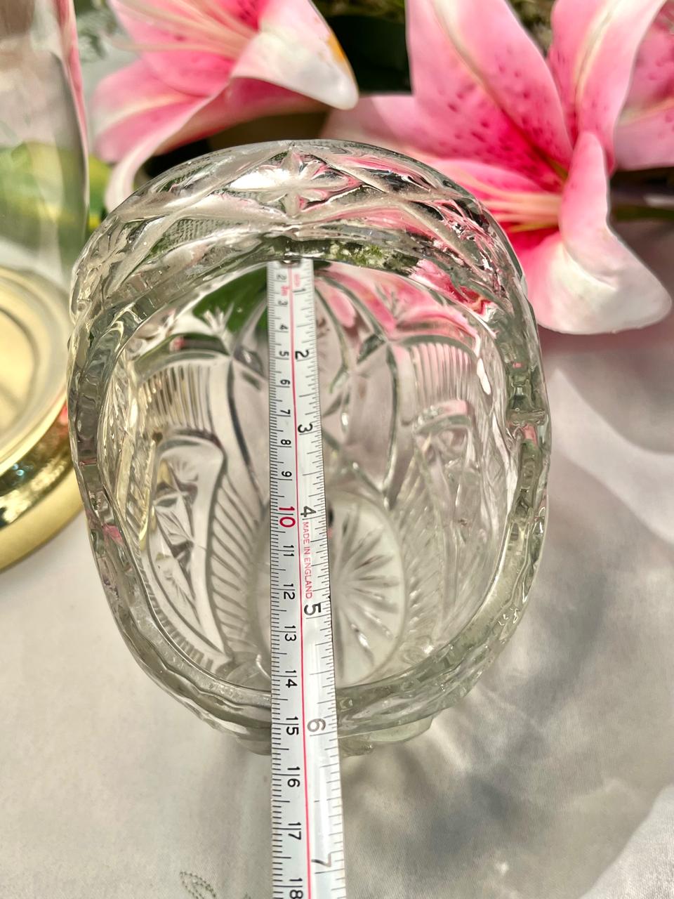 Vintage Clear Crystal Basket with Handle – 7 x 5.5 Inch