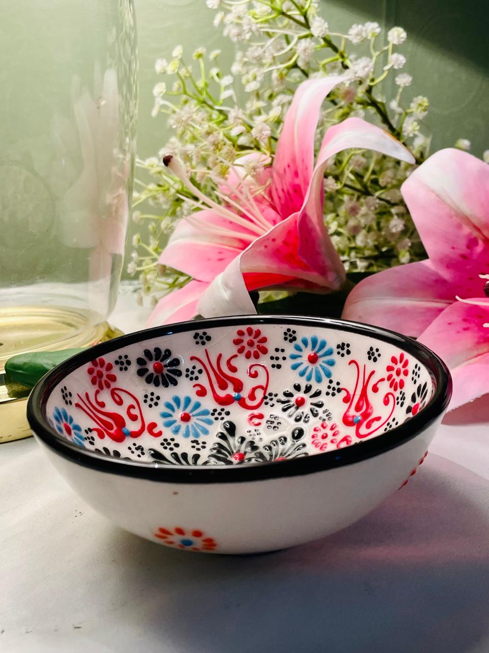 Hand-Painted Floral Ceramic Bowl – Red, Blue & Black Folk Art Design, Approx. 12 cm