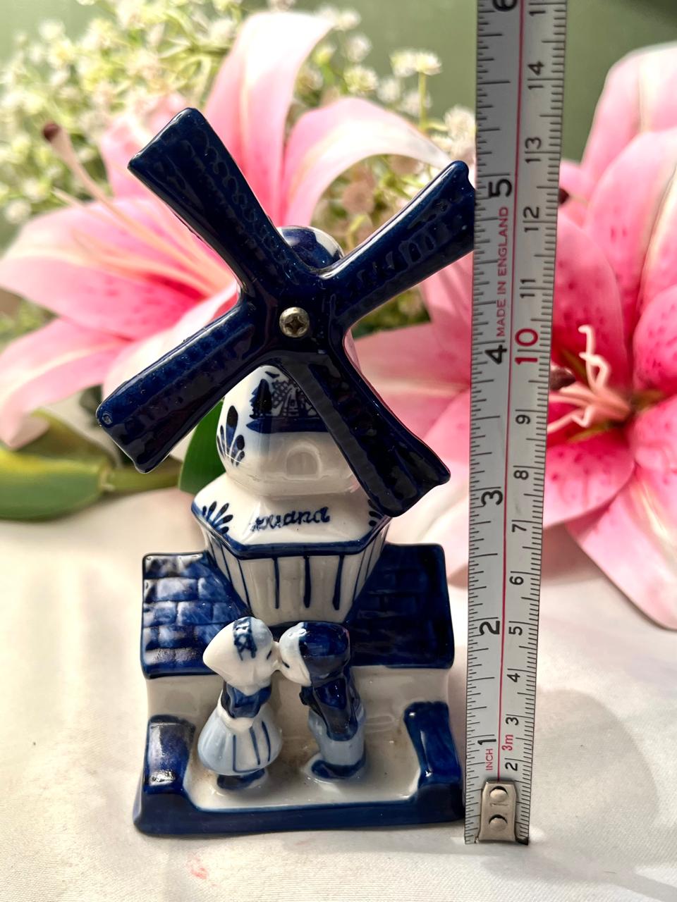 Vintage Delft-Style Blue & White Windmill Figurine with Dutch Couple Approx. 13 cm