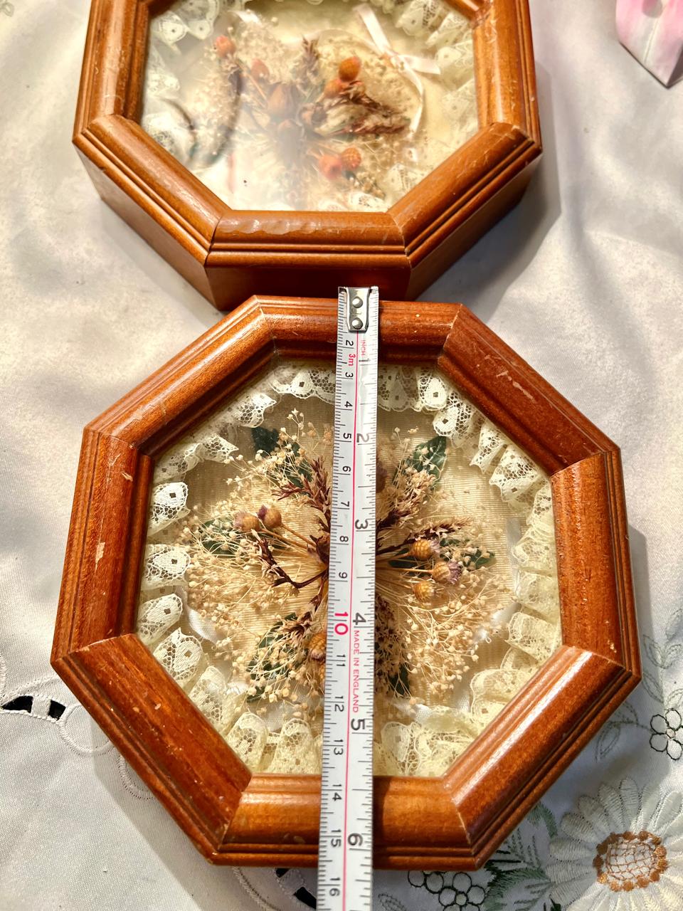 Set of 2 Victorian Dried Floral Shadow Box Frames with Lace – 6 Inches