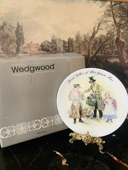 wedgwood street sellers plate, hot green peas plate, john finnie wedgwood, vintage bone china england, bradford exchange collection, english collectible plate pakistan, fine bone china decor, sunset kitchen collectibles