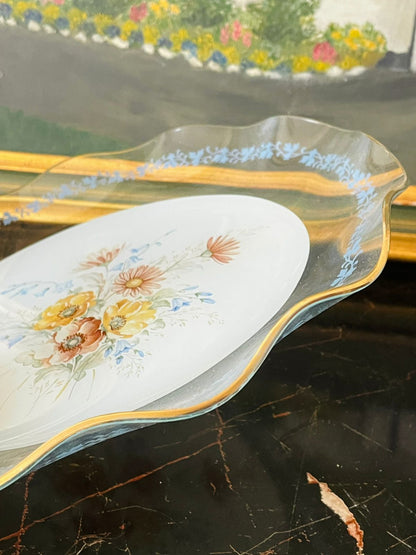Vintage Hand-Painted Floral Glass Plate – Blue Leaf Border & Gold Trim, Scalloped Edge