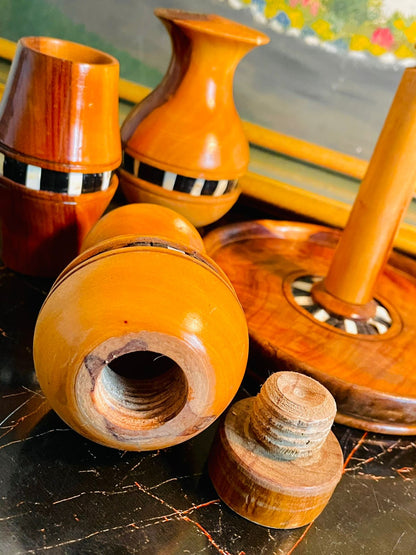 Vintage Wooden Condiment Set with Inlay – Salt, Pepper & Toothpick