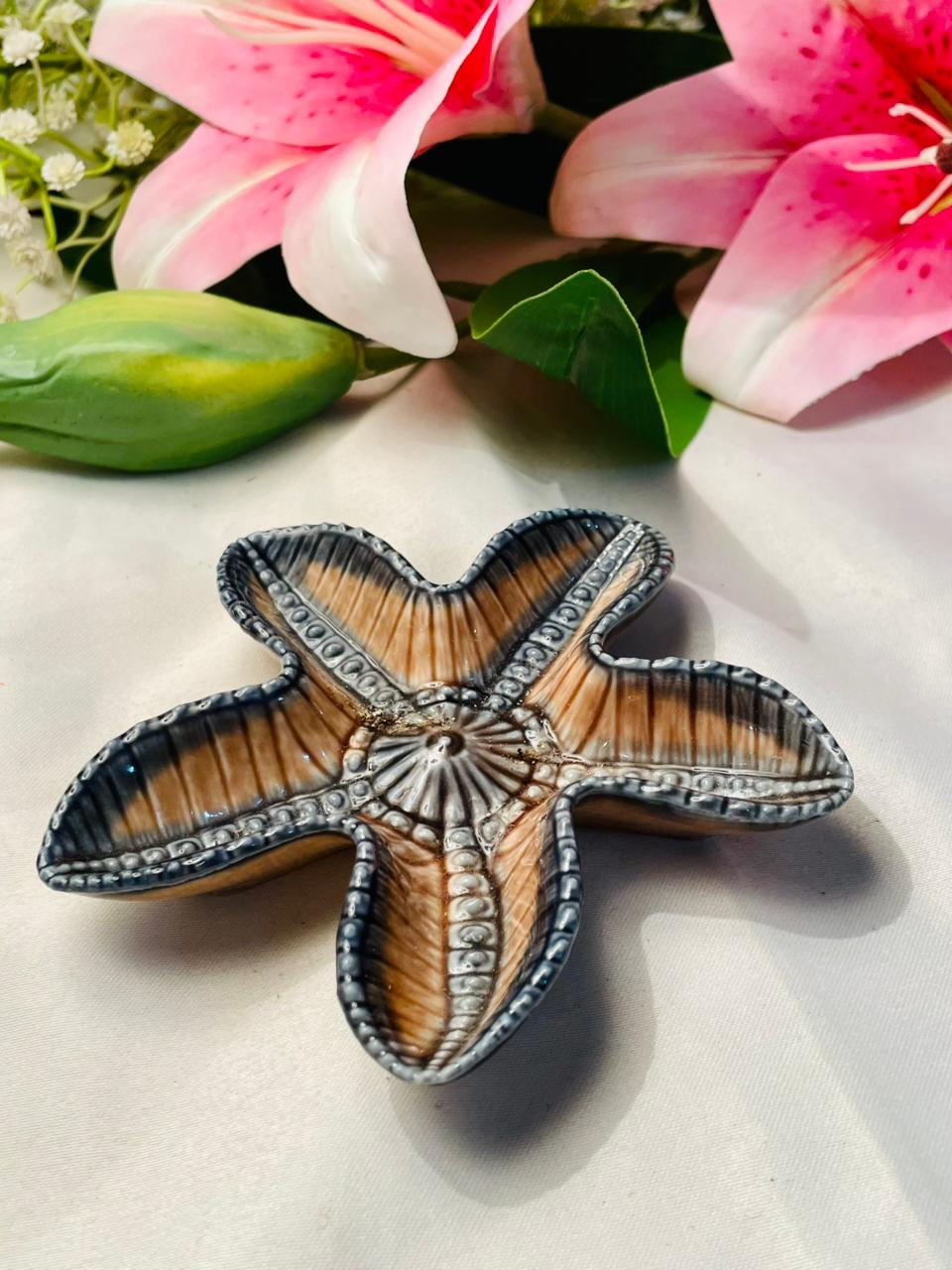 Brown & Blue Starfish-Shaped Ceramic Trinket Dish 5 in