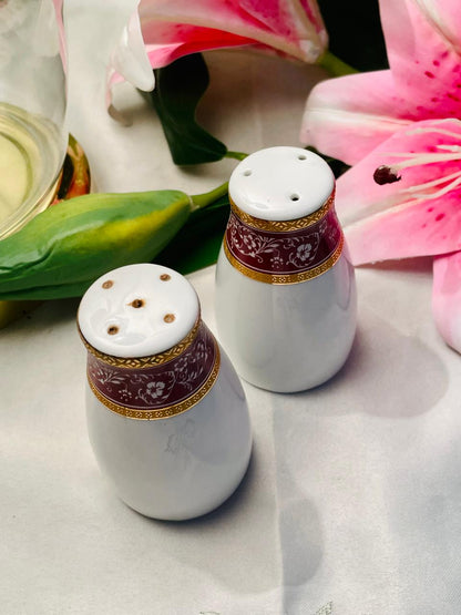 Vintage Porcelain Salt & Pepper Shaker Set Maroon Gold Floral 9 cm
