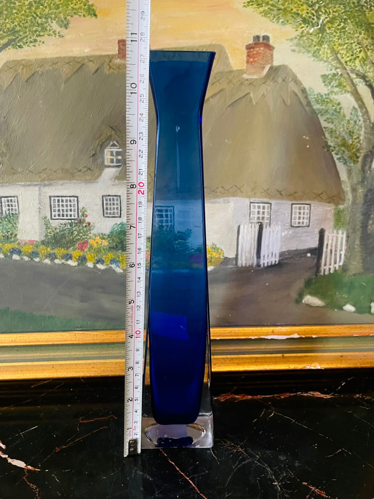 Tall Cobalt Blue Art Glass Vase – Modern Rectangular Design, 10 Inch