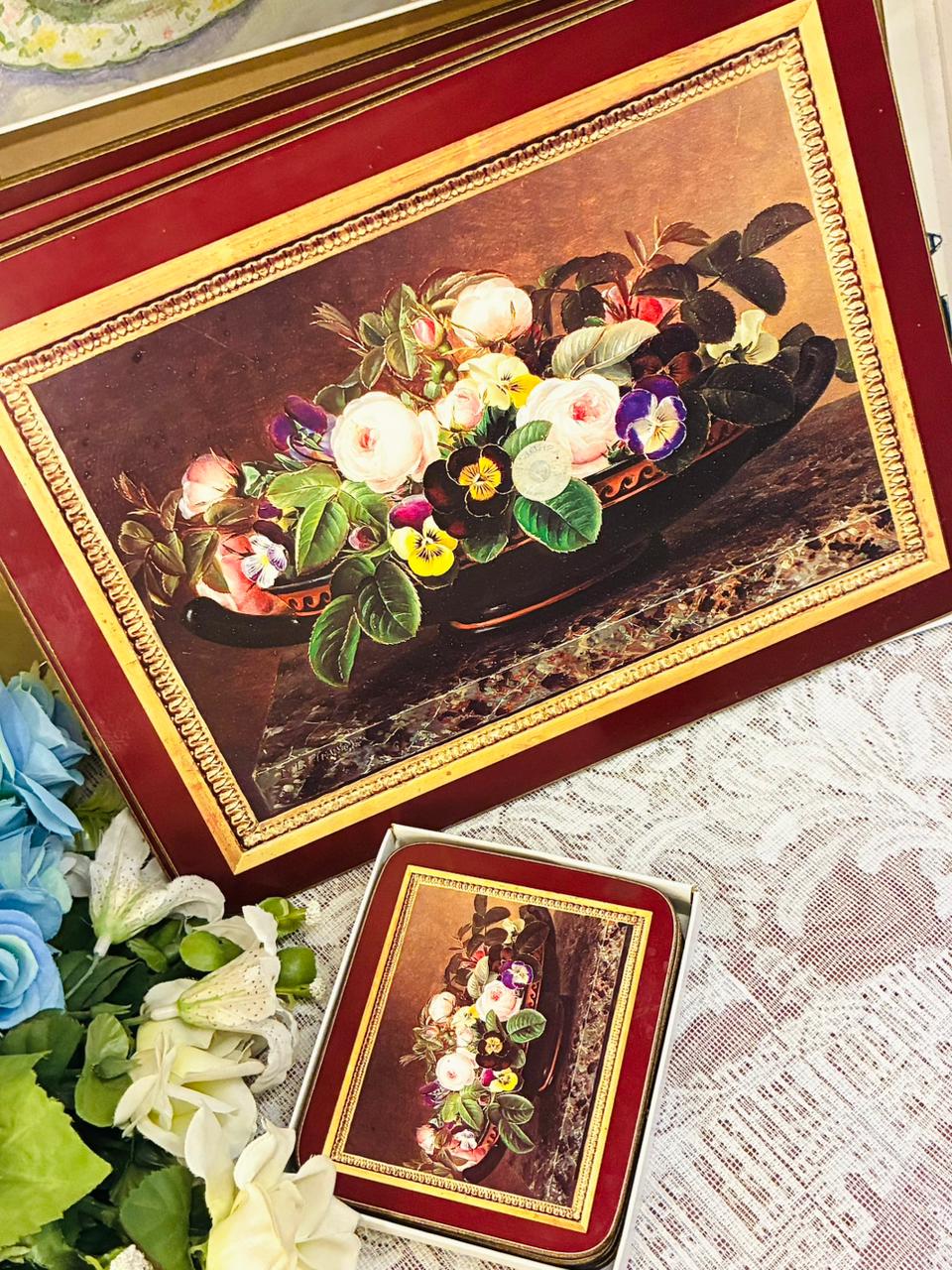 Vintage Floral Artwork Tray Set — 12in Tray + 6 Coasters + 6 Mats