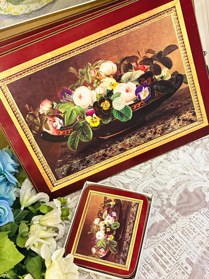 Vintage Floral Artwork Tray Set — 12in Tray + 6 Coasters + 6 Mats