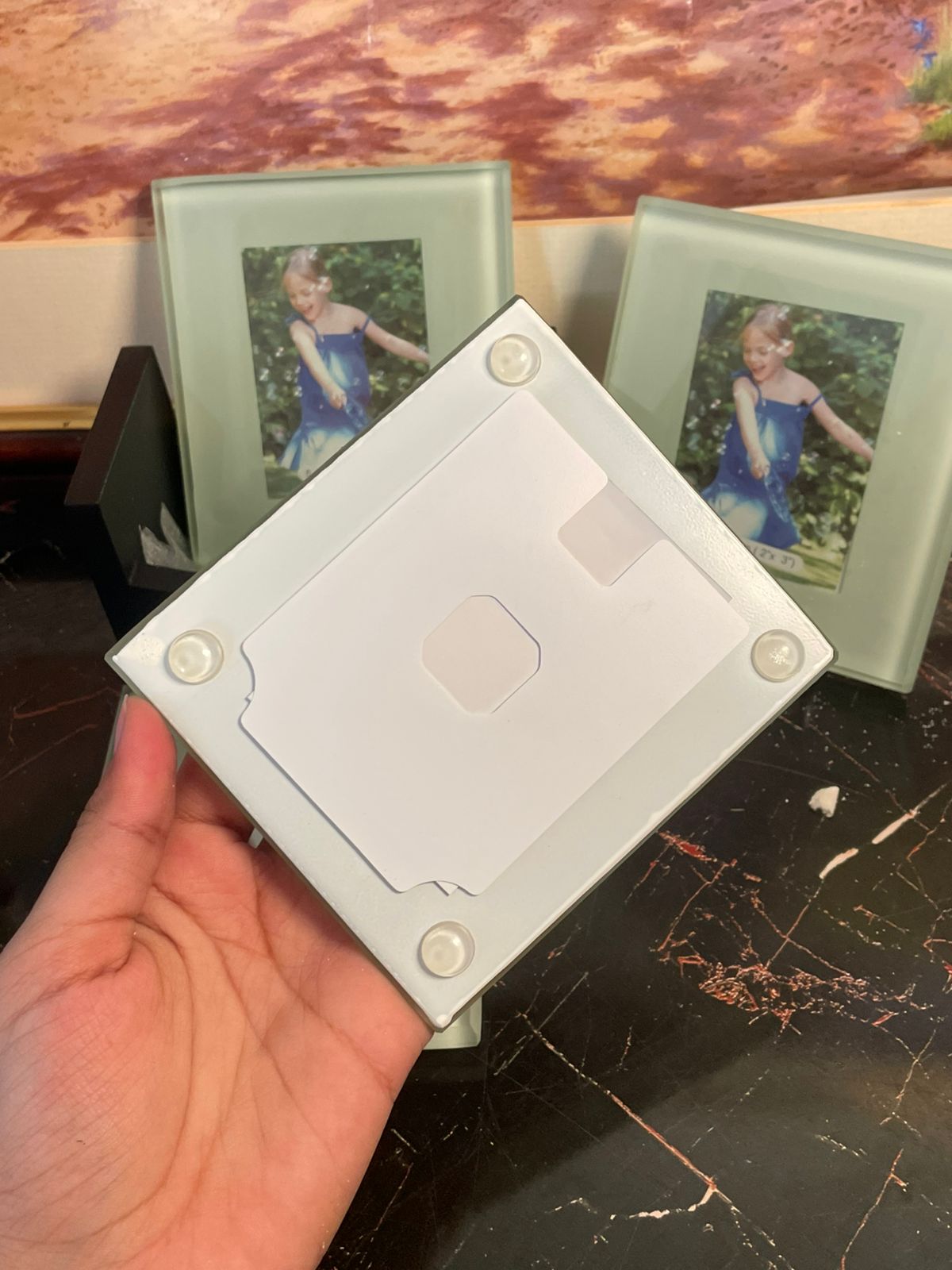 Wishlist Collection Home – Frosted Glass Photo Coasters with Wooden Holder (Set of 4, Insert Photos 2"x3")