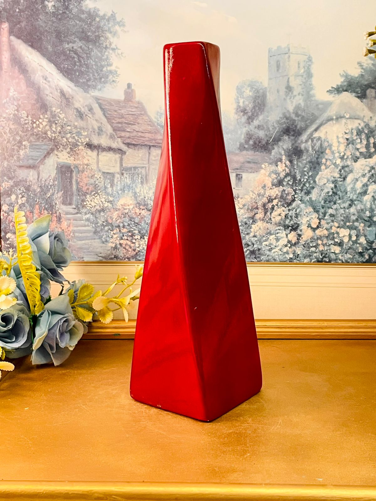Red Ceramic Vase Modern Geometric Statement Decor