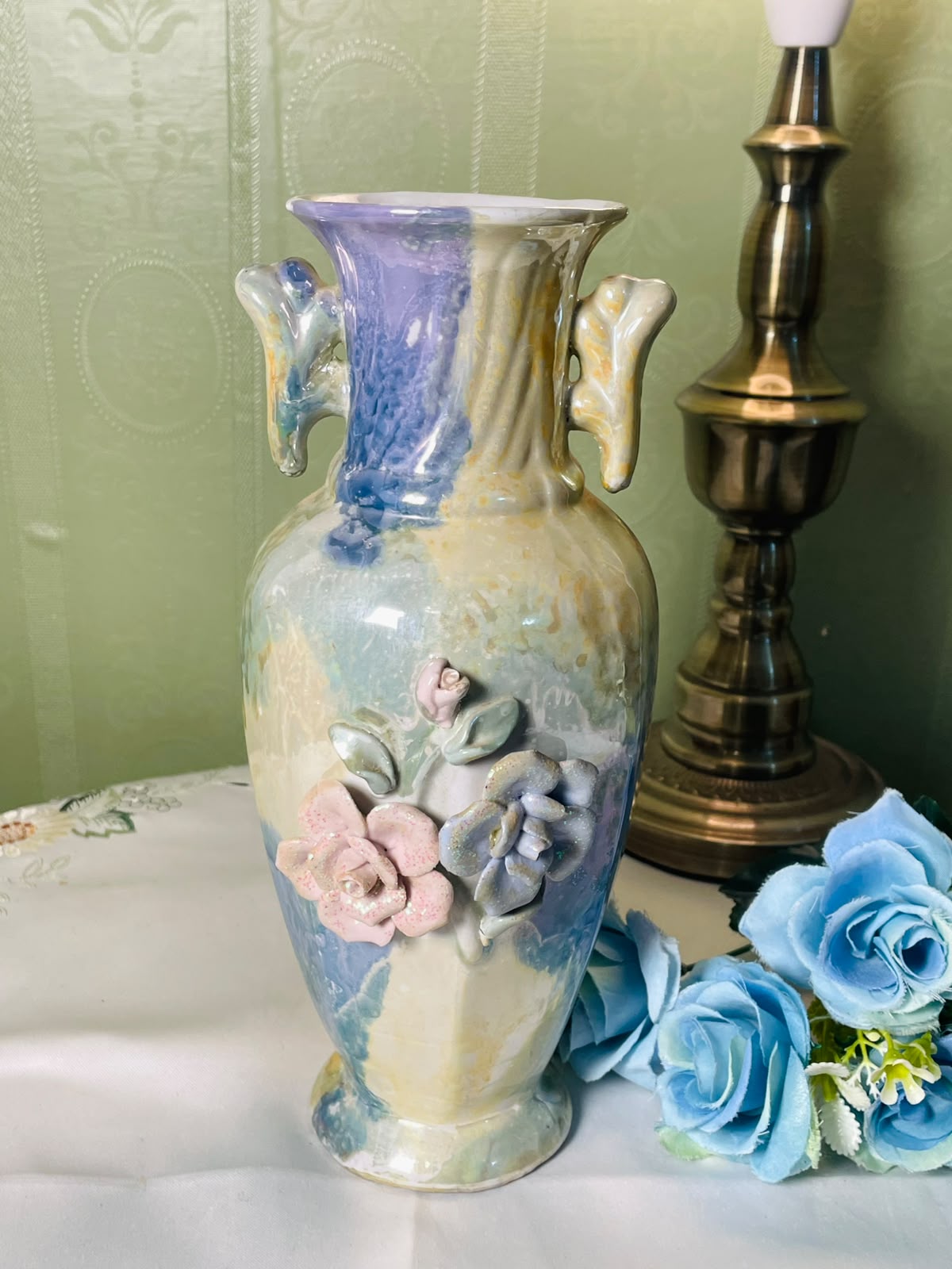 Vintage Pastel Floral Ceramic Vase with Applied Roses 25 cm