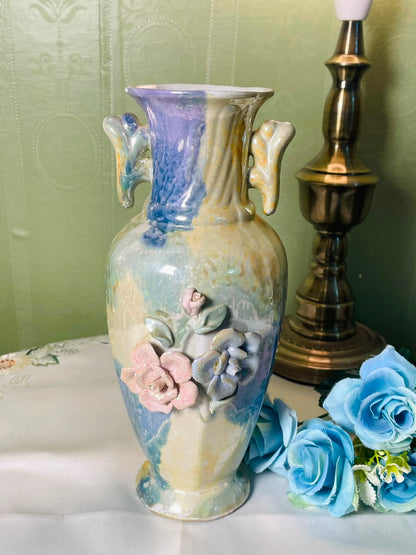 Vintage Pastel Floral Ceramic Vase with Applied Roses 25 cm