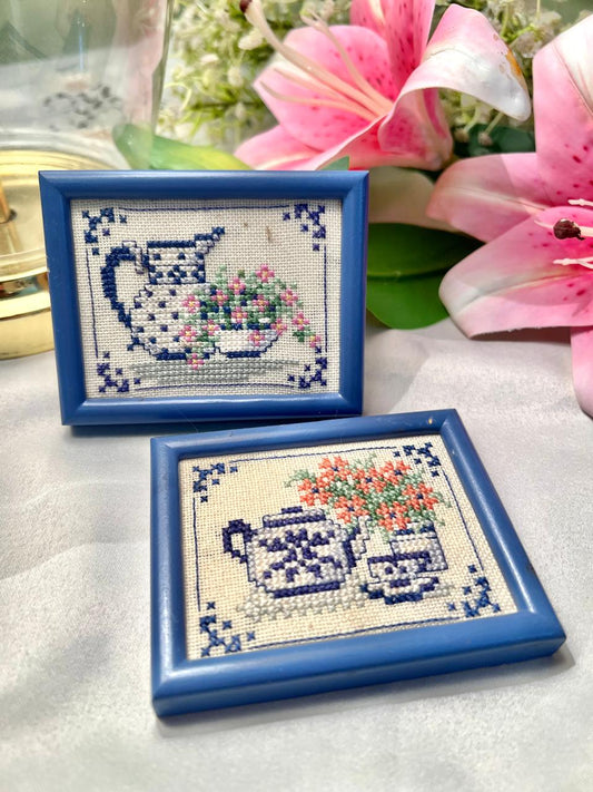 Blue Pottery design Cross-Stitch Kitchen Artwork Set in Blue Frames – 2 Piece, 10 cm