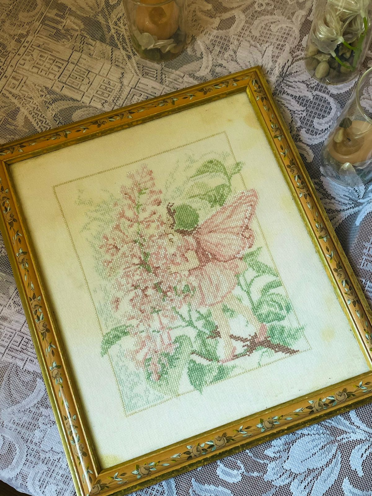 Fairy Cross-Stitch Art – Gold Framed Vintage Embroidery