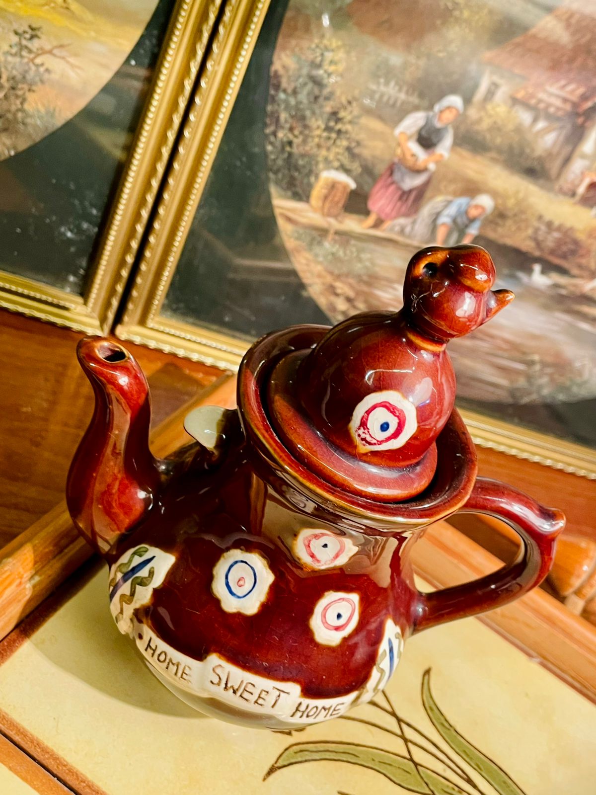 Vintage “Home Sweet Home” Brown Ceramic Teapot – Cottage Collectible