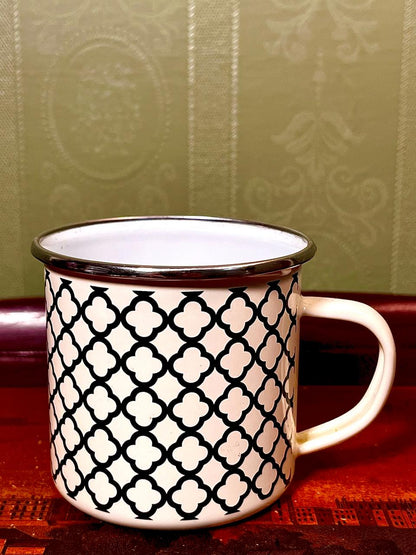 Black & White Geometric Ceramic Mug with Silver Rim – 4"