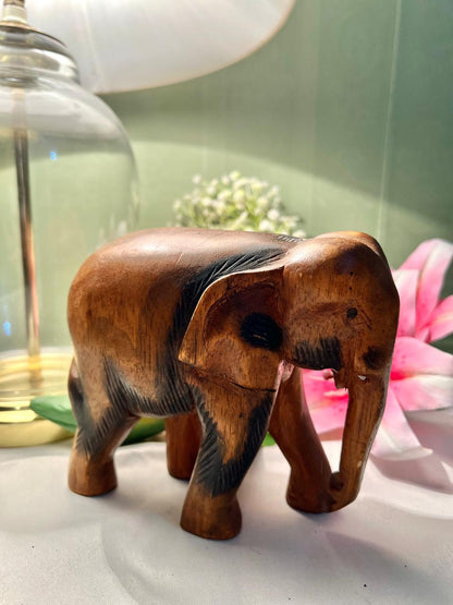 Vintage Hand-Carved Wooden Elephant Figurine – 15 cm