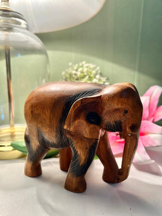 Vintage Hand-Carved Wooden Elephant Figurine – 15 cm