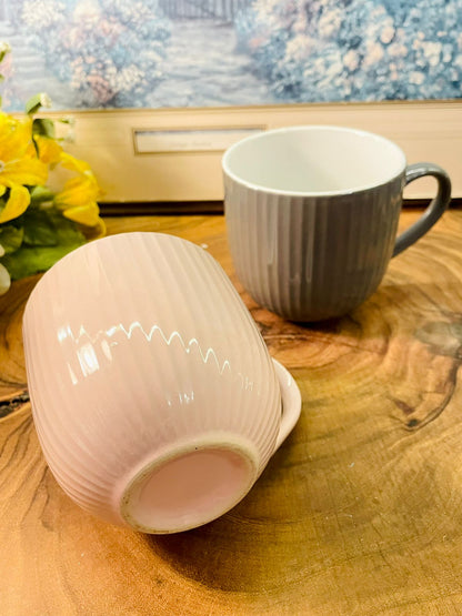 Ribbed Ceramic Mug Pink & Grey Minimal Coffee Cups