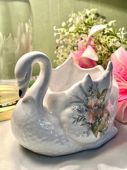 Vintage Maryleigh Pottery St. Michael White Swan Floral Ceramic Planter – Approx. 6 Inch