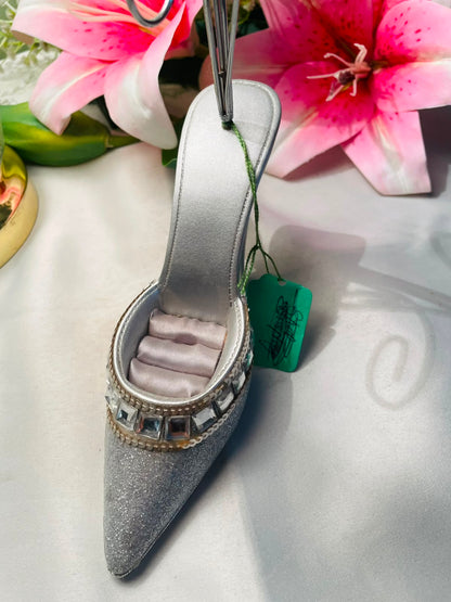 Silver Glitter High Heel Jewellery Holder with Scroll Stand Approx. 20 cm