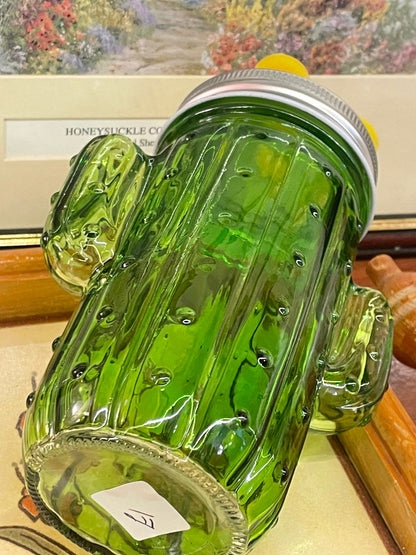 Green Cactus Glass Jar With Yellow Flower Lid, Cactus Mug