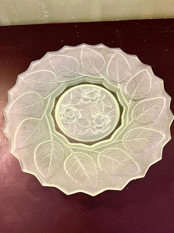 Vintage Frosted Glass Leaf & Rose Serving Platter 10 Inch Decorative Dessert Plate