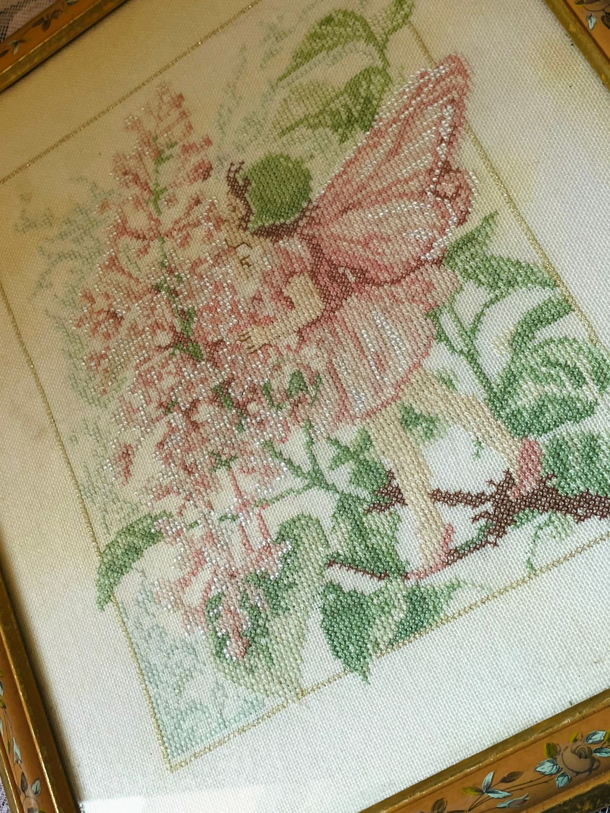 Fairy Cross-Stitch Art – Gold Framed Vintage Embroidery