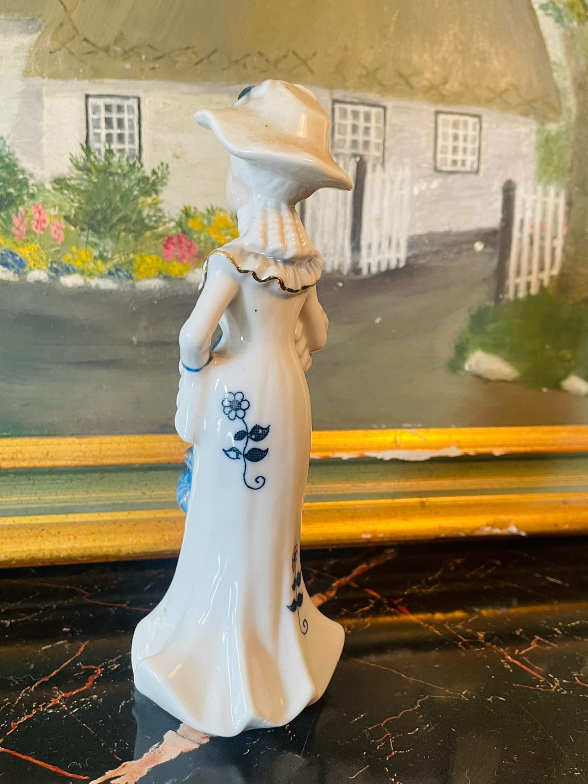 Vintage Porcelain Lady Figurine – Blue & White Regency Style – 6 in
