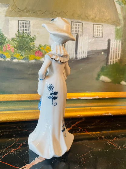 Vintage Porcelain Lady Figurine – Blue & White Regency Style – 6 in