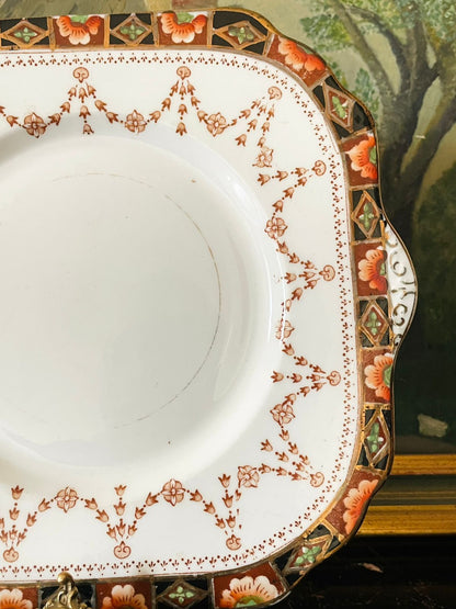 Antique Crown Pottery C.P.L & Co. England Square Serving Plate – Hand-Painted Floral & Geometric Border