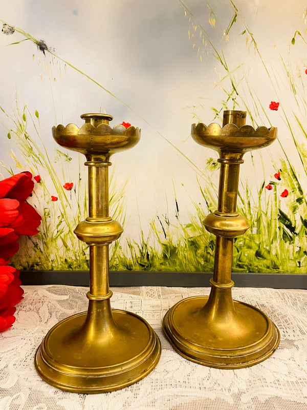 Pair of Vintage Brass Scalloped Candlestick Holders
