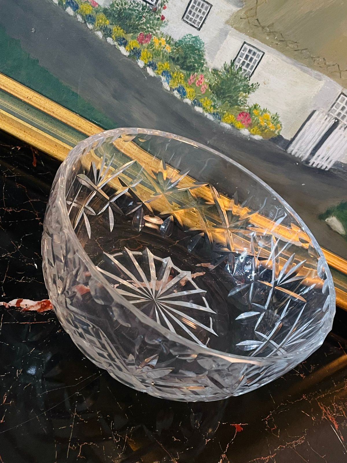 Vintage Large Cut Crystal Serving Bowl – Starburst & Diamond Pattern