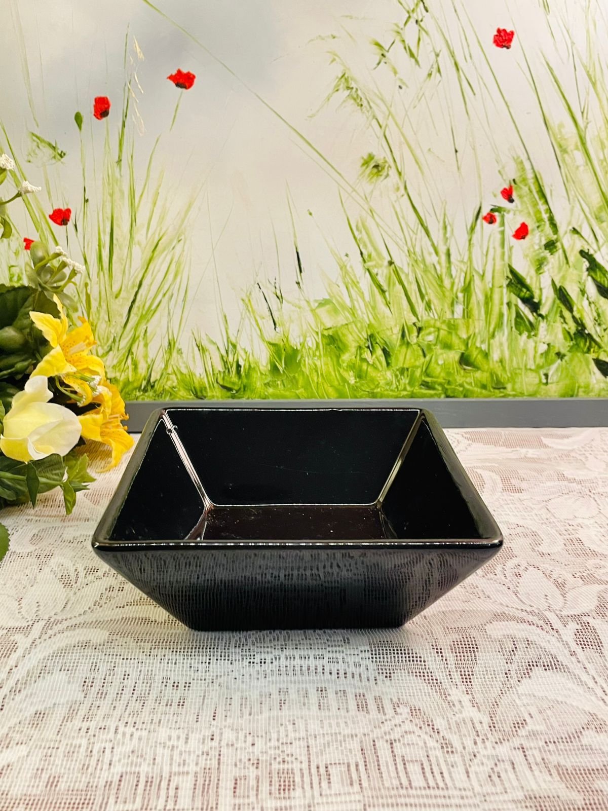Vintage Black Square Serving Bowls Set of 4 Glossy Ceramic